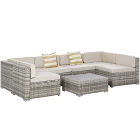 Sodo baldų komplektas NOVELLY HOME Garda YHL-1100, 3 dalių kampinė sofa, stalas su stiklu, pilkas ratanas su šviesiai rudomis pagalvėmis