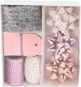 Dovanų pakavimo rinkinys, kaspinėliai, juostelės ir žymos, baltos, rožinės sp.