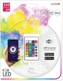 Šviesos diodų juostos komplektas AVIDE At-6227 Wi-Fi, LED 5 m, 7,2 W/m, IP65, RGB, 1650 lm, 12V, SMD5050, 120°, 330 lm/m, su pultu, valdiklis, 220V-12V, valdymas per Wi-Fi
