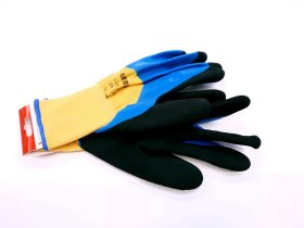 Pirštinės HERVIN, (10)XL dydis, įvairiaspalvė, poliesterinės, dengtos dvigubu latekso sluoksniu, CE, LLP010