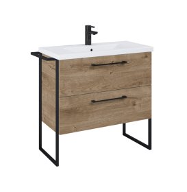 Vonios spintelės komplektas ELITA Set Cheese Plus Frame 80, 53 x 80 x 38,4 cm, aparinė, pastatoma, su praustuvu, "Canela" ąžuolas, juodas rėmas, 2 stalčiai, 168084