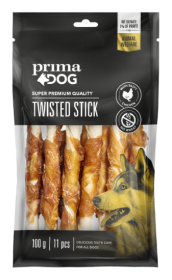 Skanėstas šunims PRIMADOG, vištienos ir apdorotos odos lazdelė, 13 cm, 11 vnt, 100g