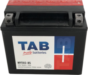Akumuliatorius TAB, AGM, motociklinis, YTX12BS, 10AH, 12V, A, 150 x 88 x 110 mm, starterinis, rūgštinis, poliariškumas -+