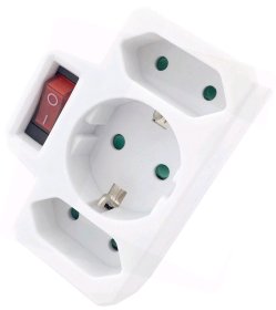 Šakotuvas ENTAC En-4405, 3 lizdų (2 plokščiam kištukui be įž., ir 1 su įž.), su jungikliu, baltos sp.