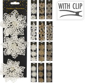 Kalėdinė dekoracija Gėlė, 3 vnt., su segtukais, 12 cm, 3 skirtingos spalvos, su blizgučiais, 4 skirtingi gėlių dizainai