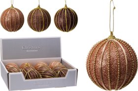 Eglutės žaisliukas, 3 skirtingos rudos sp., su blizgučiais ir atlasine virvele, skersmuo 8 cm