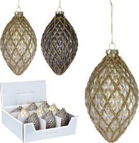 Eglutės žaisliukas, lašo formos su blizgiomis juostelėmis, stiklinis, 2 spalvos, 14 cm