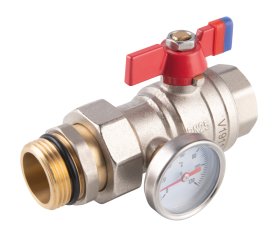 Pilno pralaidumo rutulinis ventilis FERRO Power, su termometru, vidus-išorė, su veržiama jungtimi, 1 "