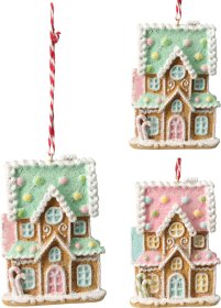 Kalėdinė dekoracija Meduolių namas, pakabinama, 2 skirtingos spalvos, 6,5x 1,5x 9 cm