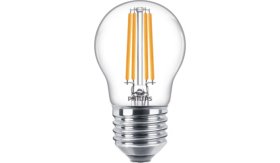 LED lempa PHILIPS, 6,5W (=60W), E27 P45 burbuliukas, 220-240V, 2700K, 806 lm, filamentinė, skaidri