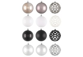 Eglutės žaisliukų rinkinys WINTERIA, 8 cm, 18 vnt., juoda, pilka ir balta sp.