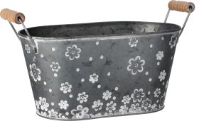 Metalinis lauko vazonas, su gėlių motyvais, ovalus, su medinėmis rankenomis, pilkos sp., 30 x 14 x 14,5 cm.
