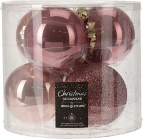 Eglutės žaisliukai, burbulo formos, stikliniai, 6 vnt., 3 skirtingos rožinės sp. rinkinyje, 8 cm