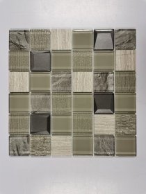 Stiklo mozaika MONA MOSAICS Td868, 300 x 300 x 8 mm, 11 vnt./dėž.iklo ir akmens mozaika, spl. smėlio pilkšva/blizgi juoda/natūralus akmuo dramblio kaulo