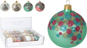 Stiklinis kalėdinės eglės žaisliukas, su ryškiais blizgančiais taškeliais, 8 cm, 4 skirtingos sp., 2 skirtingi dizainai