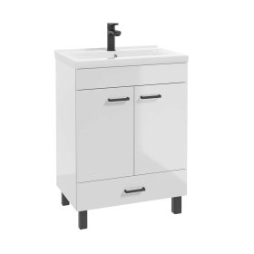 Vonios spintelės komplektas DEFRA D60, 60 x 80 x 40 cm, apatinis, pastatomas, baltas, blizgus, 2 durų, 1 stalčius, su praustuvu, juodos sp. rankenėlės ir kojos