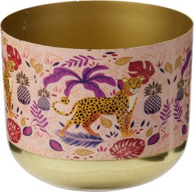 Kambarinis vazonas, metalinis, su leopardo motyvais, 2 skirtingi dizainai, 16 x 16 x 14 cm.