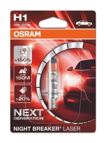 Automobilinė lemputė OSRAM, Night breaker laser +150% H1 55W 12V P14.5S, 1 vnt.