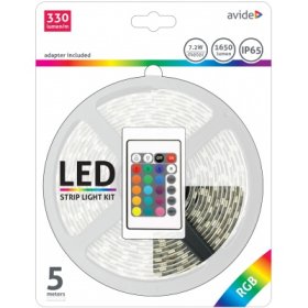 Šviesos diodų juostos komplektas AVIDE At-4267, LED 5 m, 7,2 W/m, IP65, RGB, 1650 lm, 12V, SMD5050, 120°, 330 lm/m, pultas 24 mygt., valdiklis, adapteris 220V į 12V