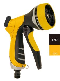 Pistoletinis purkštukas HERVIN GARDEN+ HG-78076, valdomas priekine svirtimi, 7-ios funkcijos visiems laistymo poreikiams patenkinti, vandens srauto valdymo mygtukas