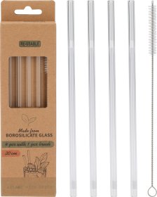 Daugkartinio naudojimo šiaudelių rinkinys, 4 vnt. šiaudelių ir valymo šepetėlis, borosilikatinis stiklas