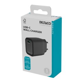 Sieninis įkroviklis DELTACO AC151, 1x USB-C PD, 20 W, juodos sp., USB-C, 1903150