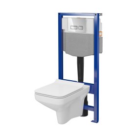 Klozeto komplektas CERSANIT Como, pakabinamas, unitazas be nuplovimo lanko, dangtis, rėmas, mygtukas chromo spl., SZWZ1008446282