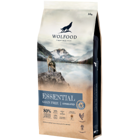Sausas šunų ėdalas WOLFOOD Essential, be grūdų, sterilizuotiems suaugusiems šunims, su vištiena ir tapijoka, 14 kg
