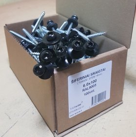 Šiferiniai sraigtai, 6 x 100 mm., (T30,19EPDM), RAL9005 juodos sp., cinkuoti, su tarpine, 100 vnt.