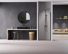 Dušo durys HARMONY Nerea Black HAR-0066, 80 x 195 cm, kvadratinės, berėmės, su juodu profiliu, skaidrus 6 mm stiklas