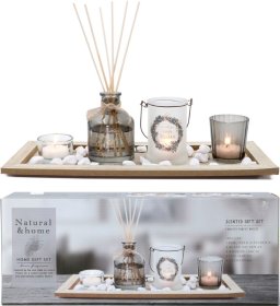 Namų kvapo ir žvakių dovanų rinkinys, su  mediniu padėklu
