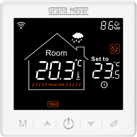 Programuojamas WiFi termostatas GRAND MEYER SN-10, 16 A, 230V, liečiamu ekranu, el. grindų šildymui, su patalpos ir grindų temperatūros jutikliu, balta sp.