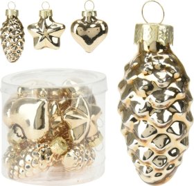 Ornamentinių eglutės žaisliukių rinkinys, stikliniai, skirtingų dizainų, aukso sp., 16 vnt.