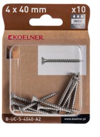 Medsraigčiai KOELNER, 4 x 40 mm, įleidžiama galva, nerūd. plieno A2, 10 vnt., PZ