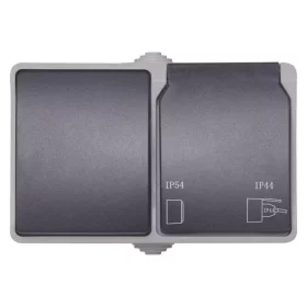 Blokas EMOS A1396.2, 1 klavišo jungiklis + 1 vietos kištukinis lizdas su įž., paviršinis, IP44, baltos sp., juodu dangteliu