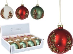 Eglutės žaisliukas, su Kalėdų eglutės aplikacija, stiklinis, 3 spalvos, 8 cm