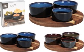 Serviravimo rinkinys, 3 keraminiai dubenėliai (100 x 40 mm/89 x 33 mm/71 x 34 mm) ant medinio padėklo (198 x 198 x 50 mm), mėlyna/žalia sp.