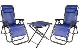 Sulankstomas baldų komplektas RELAX, 2 kėdės 67 x 175 x 108 cm, stalas 51 x 51 x 53 cm, mėlynos sp., plienas, tekstilenas