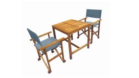 Lauko baldų komplektas Victoria M63, akacijos medis/tekstilenas, rudos/mėlynos sp., stalas 70 x 70 x 72 cm, 2 kėdės 54 x 54 x 88 cm