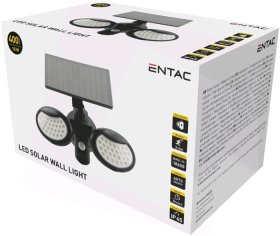Lauko šviestuvas ENTAC En-3585, įkraunamas nuo saulės, 10W, 400lm, 6000K, 2000mAh, sieninis, su PIR davikliu 3-5m, IP65, juodos sp., 220x200x130mm