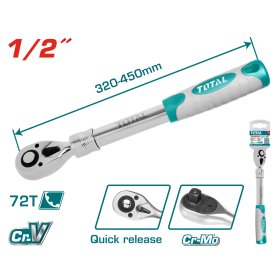 Terkšlinė rankena galvutėms TOTAL, ištraukiama, Cr-V+Cr-Mo, 1/2" 72T, 320-450 mm, THT106128L