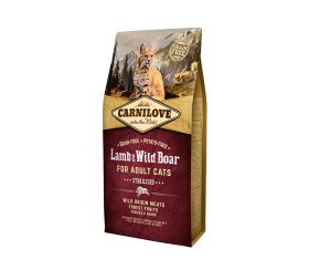 Sausas kačių ėdalas CARNILOVE, visavertis pašaras suaugusioms sterilizuotoms katėms, be grūdų ir bulvių, su ėriena, šerniena, 400g