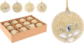 Eglutės žaisliukai, 12 vnt., dekoruoti karoliukais, 4 skirtingi dizainai, šampano sp., 6 cm