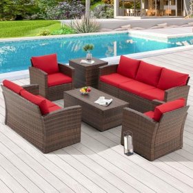 Lauko baldų komplektas NOVELLY HOME Nora YH-252, trivietė sofa, dvivietė sofa, 2 foteliai, stalas, spintelė, spl. ruda