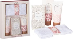 Vonios rinkinys, rinkinyje: rankšluostis, kūno prausiklis 100 ml, kūno losjonas 100 ml, vonios druska 100 g