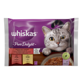 Konservuotas kačių ėdalas WHISKAS Pure Delight, su mėsa, suaugusioms katėms, 4x85 g