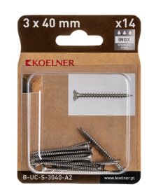 Medsraigčiai KOELNER, 3 x 40 mm, įleidžiama galva, nerūd. plieno A2, 14 vnt., PZ