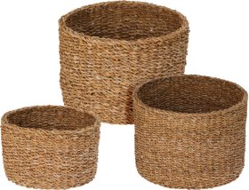 Daiktadėžė, apvalios formos, pinta, rudos sp., 35 x 35 x 27 cm.