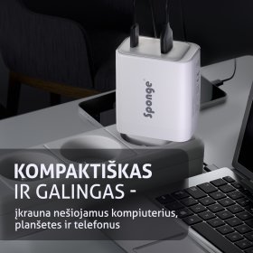 Telefono ir nešiojamo kompiuterio įkroviklis SPONGE Charger C3, 65 W, USB-C ir USB-A, GaN TÜV sertifikatas