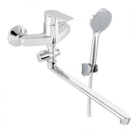 Vonios maišytuvas RUBINETA  VITO-12/C, chromas, ilgu snapu "C", žarna 150 cm, dušo galvutė, dušo galvutės laikiklis